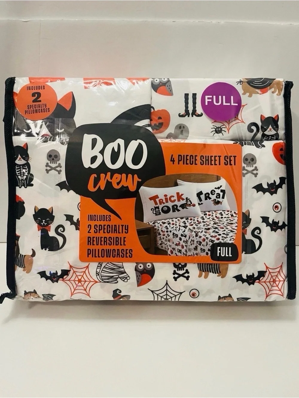Boo Crew Halloween Full Size Sheet Set Cats Skulls Cobwebs Spiders Owls Dog Cat